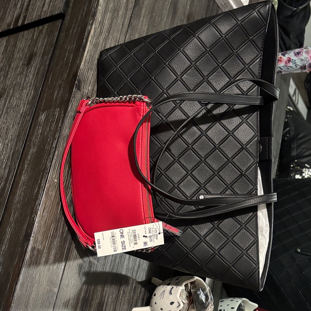 INC International Concepts Black Quilted Tote with Red Accent Pouch